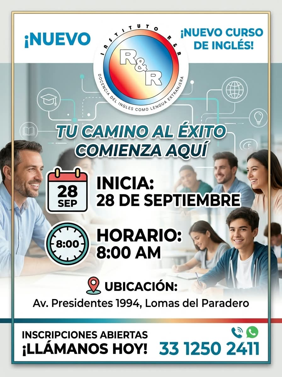 Anuncio de nuevo curso de inglés del Instituto R&R, con inicio el 28 de septiembre a las 8:00 a. m.